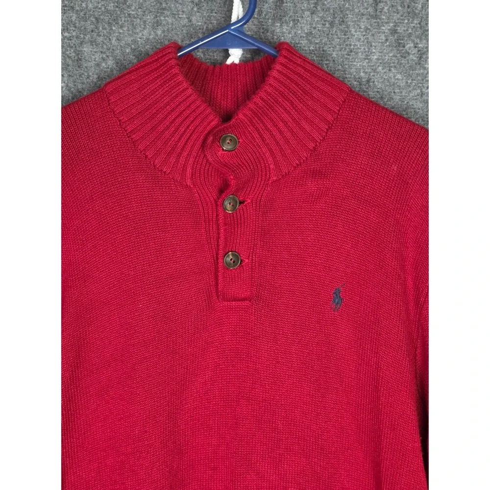 Polo Ralph Lauren Men's Red‎ Cotton Button Mock Neck Knit Sweater Pullover Sz L